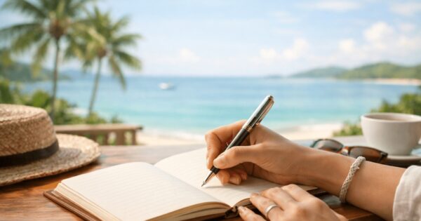 海外で子育てしながら無理せず働く女性のノートと海の風景