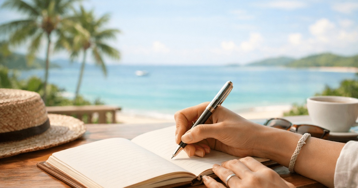 海外で子育てしながら無理せず働く女性のノートと海の風景