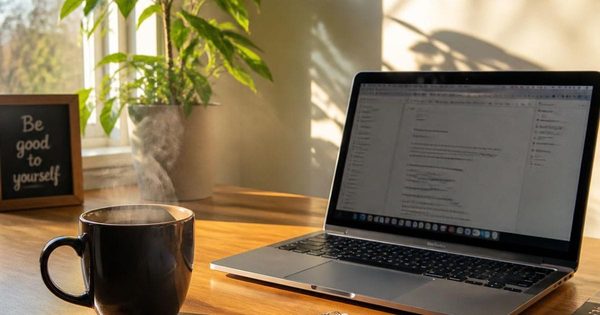 朝の陽ざしが差し込むデスクにコーヒーとパソコンがある