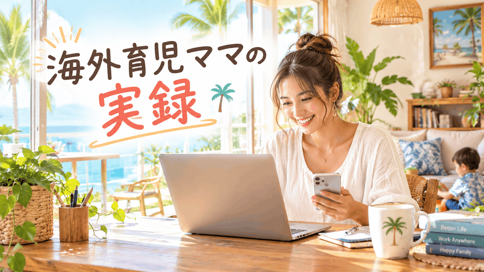 パソコンと携帯を使って家で仕事をする女性