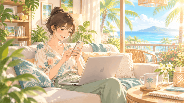 家でパソコンと携帯で仕事をする日本人女性
