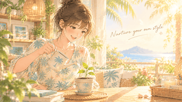 観葉植物の芽に水をあげる女性

