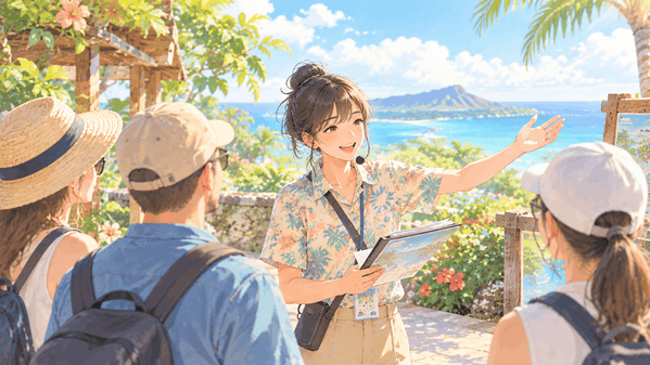 南国ビーチリゾートでお客様をガイドする日本人女性