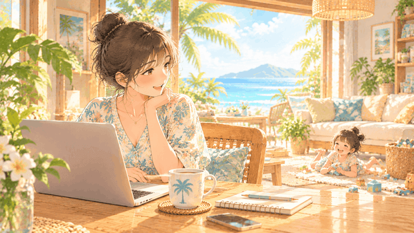 子どもの面倒を見ながら在宅ワークをする女性